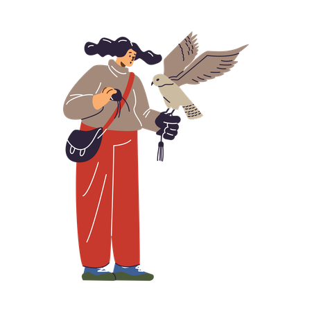 Female with hawking glove holding falcon and professional equipment  Illustration