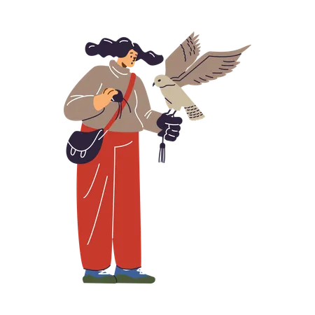 Female with hawking glove holding falcon and professional equipment  Illustration