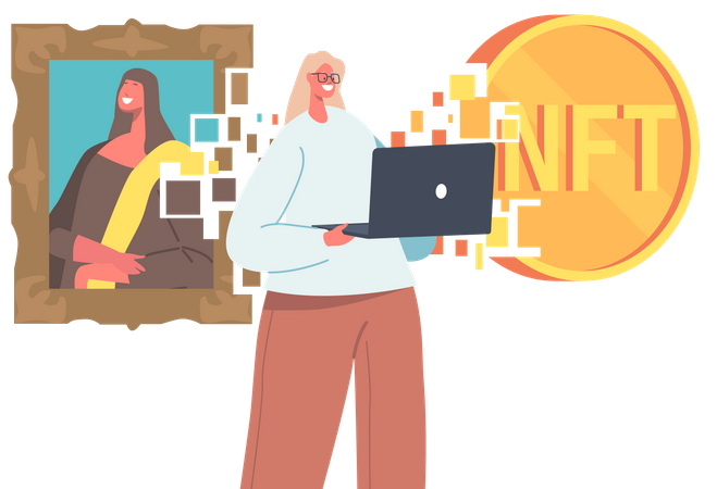 Female with Laptop Using Non Fungible Token  Illustration