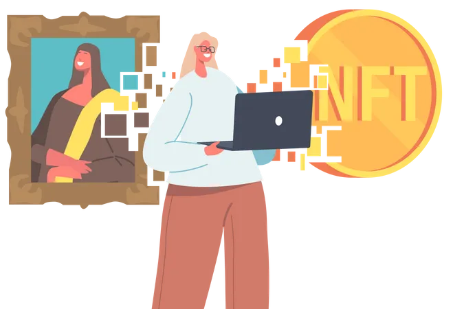 Female with Laptop Using Non Fungible Token  Illustration