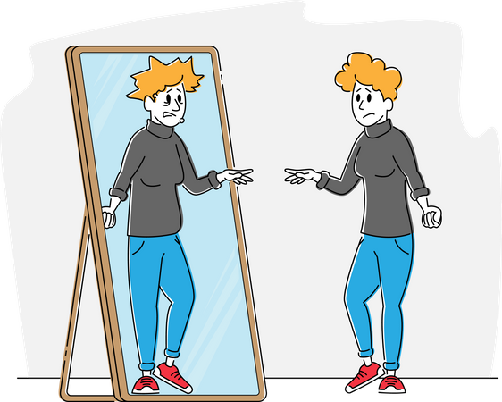 Female with Low Self-esteem Looking at Mirror See herself Reflection as Ugly Woman with Old Haggard Face  Illustration