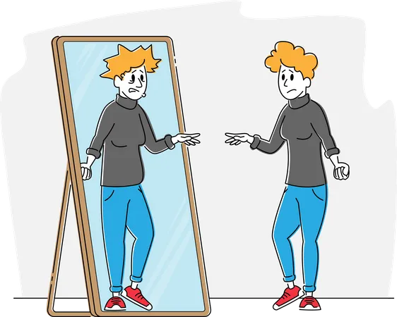 Female with Low Self-esteem Looking at Mirror See herself Reflection as Ugly Woman with Old Haggard Face  Illustration