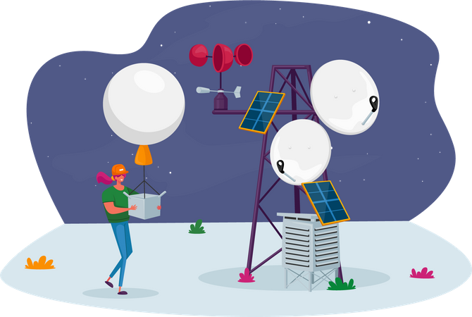 Female with Meteorology Probe Air Balloon on Meteo Station Illustration