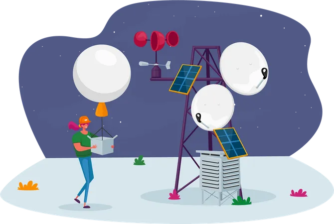 Female with Meteorology Probe Air Balloon on Meteo Station  Illustration