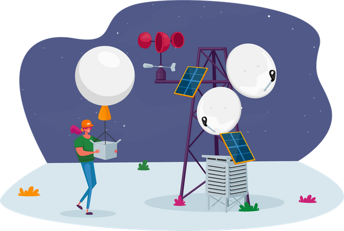 Female with Meteorology Probe Air Balloon on Meteo Station  Illustration