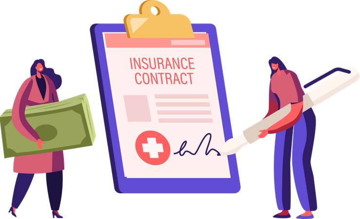 Female with Money Bills Signing Huge Health Insurance Policy Paper  Illustration