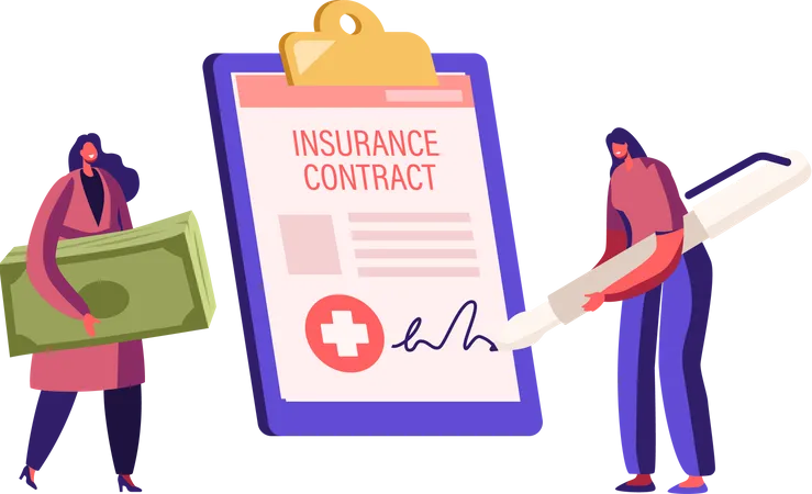 Female with Money Bills Signing Huge Health Insurance Policy Paper Illustration