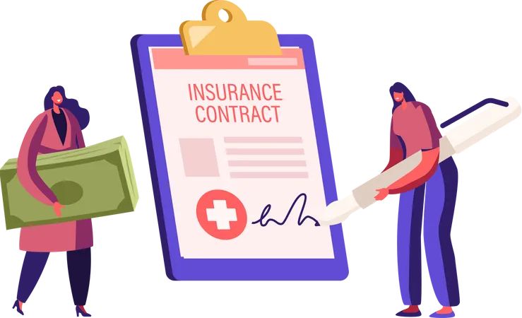 Female with Money Bills Signing Huge Health Insurance Policy Paper  Illustration