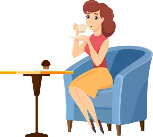 Smiling Woman Character Drinking Cup Of Coffee Lady Sitting On Chair At Table With Java Beverage And Brownie Female Breaktime With Mug And Cake In Restaurant Element Of Cafe Public Place Vector Illustration