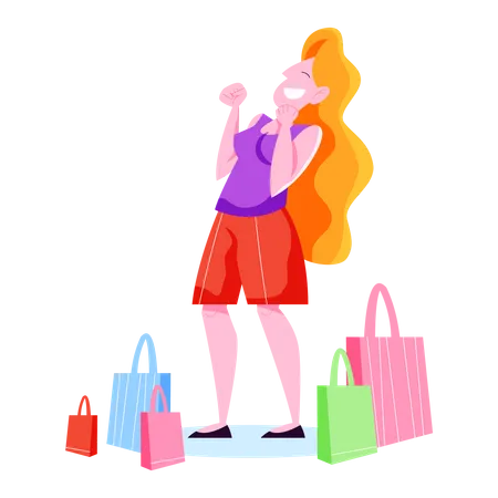 Woman Shopping Person With Bag Big Sale And Discount Cheerful Buyer Vector Illustration In Cartoon Style Illustration
