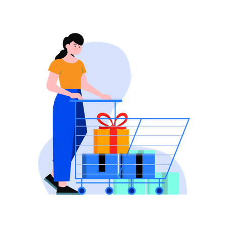 Female with shopping cart and gifts Illustration