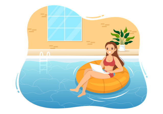 Female Work From Swimming Pool Illustration