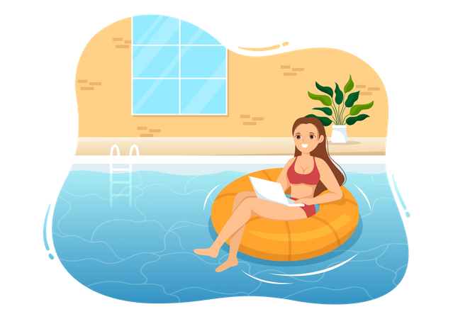 Female Work From Swimming Pool  Illustration