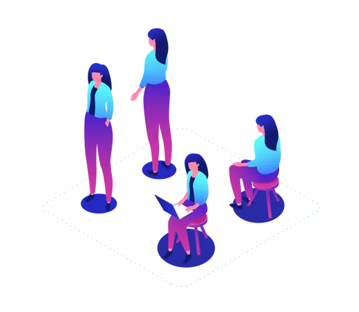Female Worker Modern Vector Isometric Character Set Isolated On Blue Background A Collection With A Cute Woman In Different Positions Sitting On A Stool Standing Front Back Working With Laptop Illustration