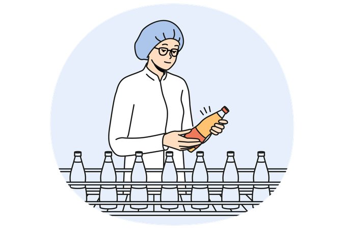 Female worker check bottles on production line  Illustration