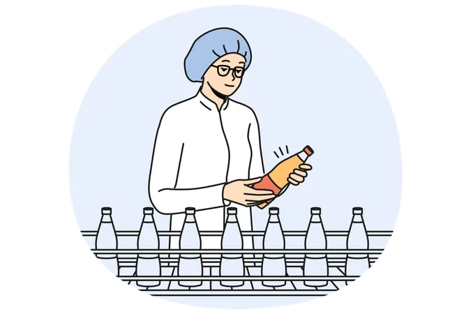 Female worker check bottles on production line  Illustration
