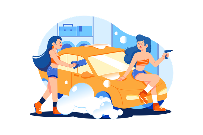 Female worker cleaning car Illustration