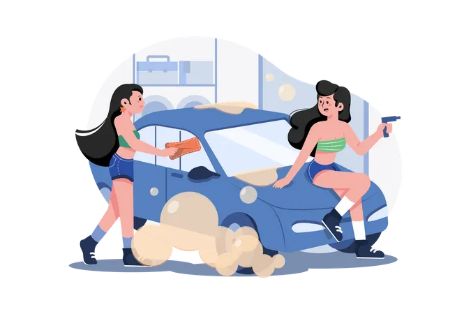 Female worker cleaning car Illustration