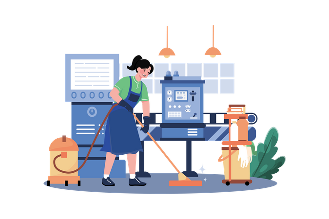 Female Worker Cleaning Floor Using A Vacuum Cleaner Illustration