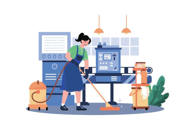 Female Worker Cleaning Floor Using A Vacuum Cleaner  Illustration