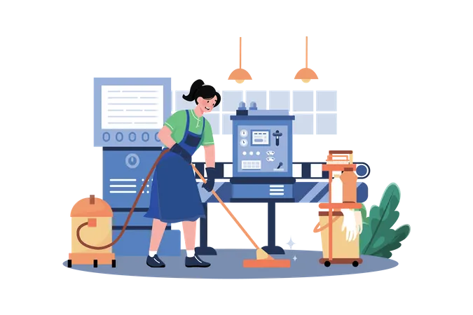 Female Worker Cleaning Floor Using A Vacuum Cleaner  Illustration