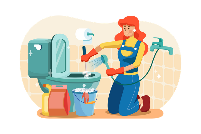 Female worker cleaning toilet Illustration