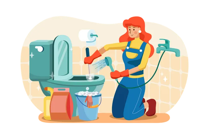 Female worker cleaning toilet  Illustration