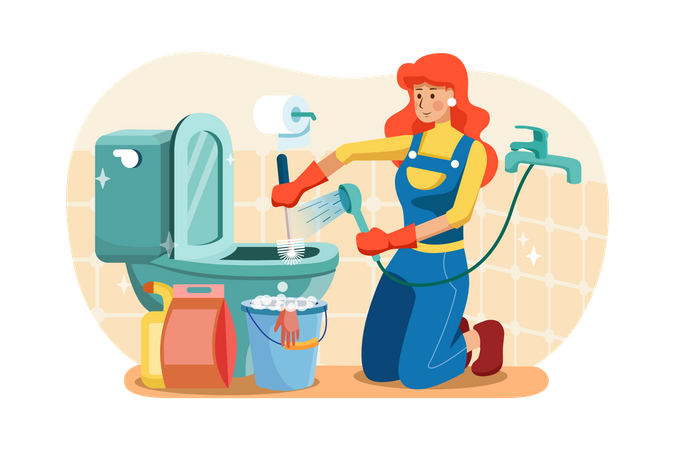 Female worker cleaning toilet  Illustration