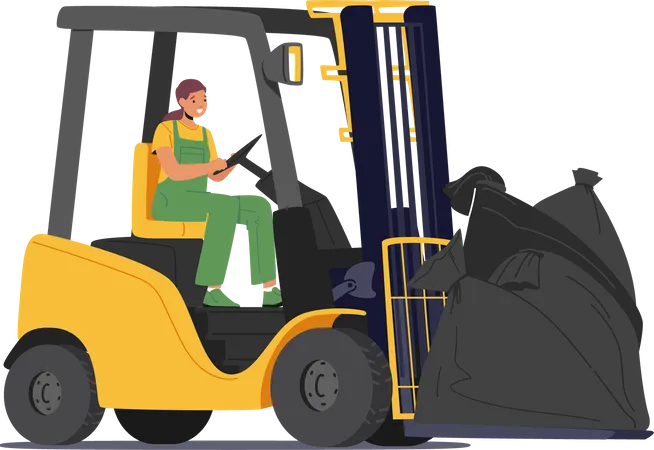 Female Worker Driving Forklift Truck with Garbage Sacks Illustration