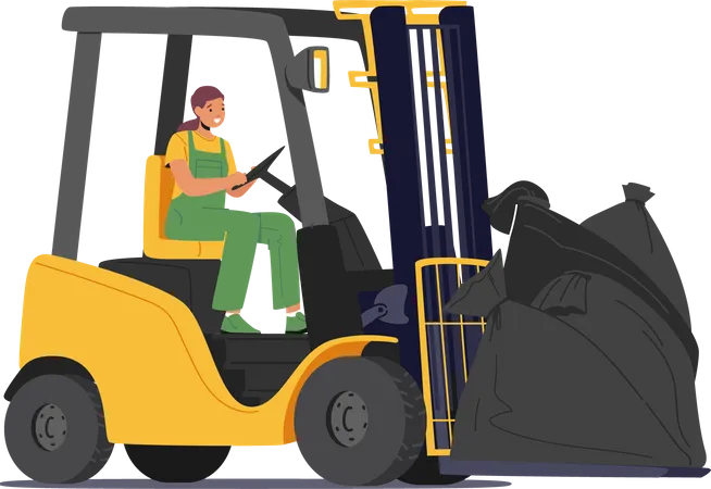 Female Worker Driving Forklift Truck with Garbage Sacks  Illustration