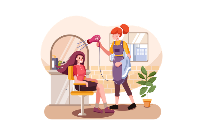 Female worker drying hair of customer Illustration