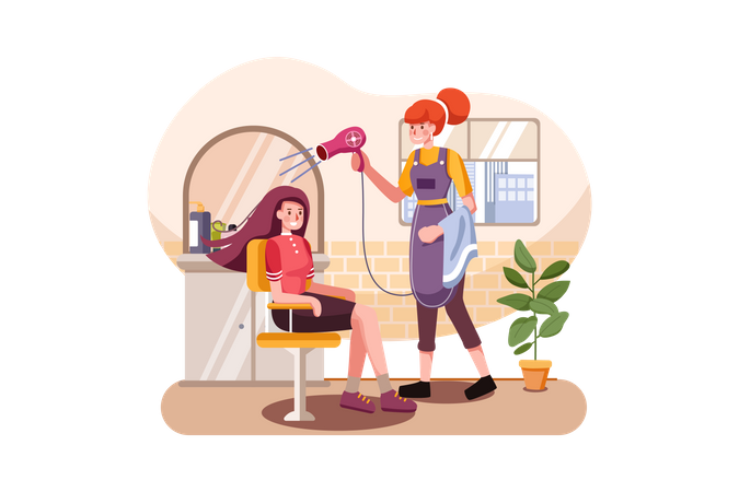 Female worker drying hair of customer  Illustration