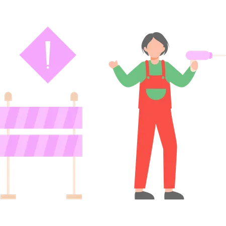 Female worker is explaining the block way at a construction site  イラスト