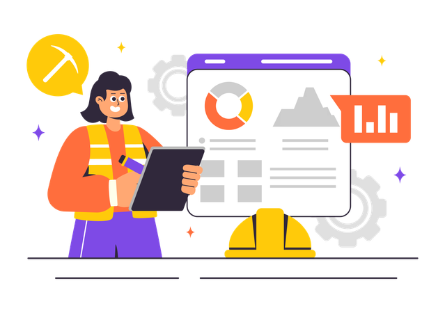 Female worker looking at Mining production data  Illustration