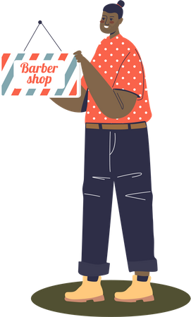 Female worker of barbershop holding signboard  Illustration