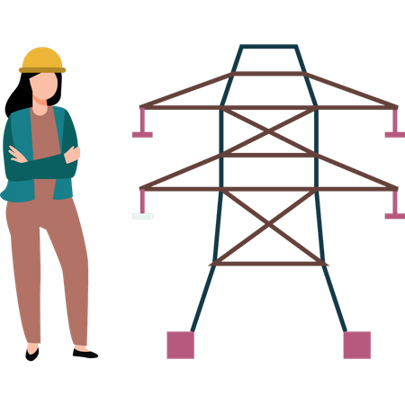 Female worker standing next to an energy tower  Illustration
