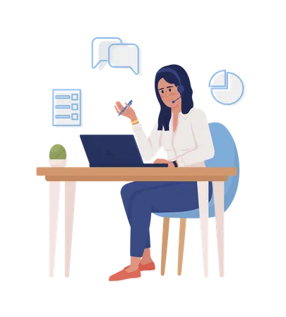 Female Computer Worker Semi Flat Color Vector Character Editable Figure Full Body Person On White Operator Consultant Simple Cartoon Style Illustration For Web Graphic Design And Animation Illustration