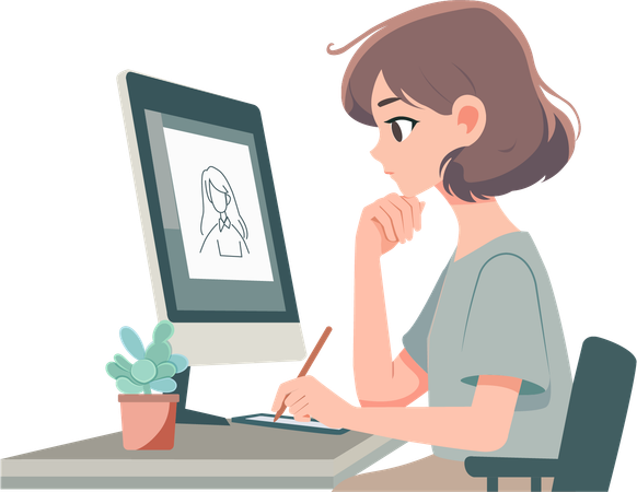 Female worker working with pen and drawing pad  Illustration