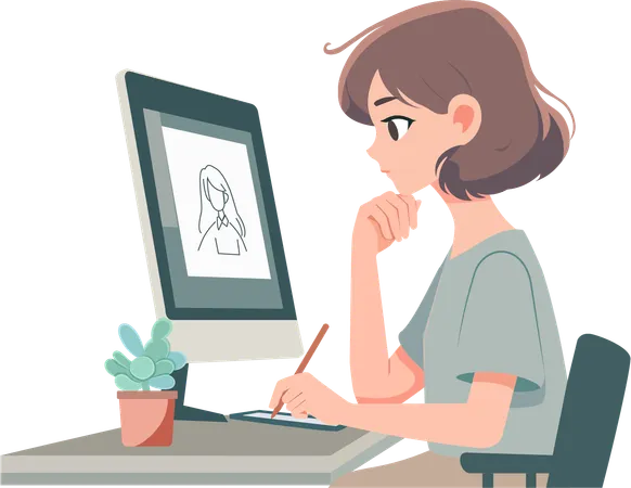 Female worker working with pen and drawing pad  Illustration