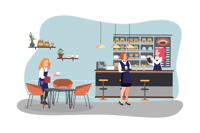 Female workers working in cafe Illustration