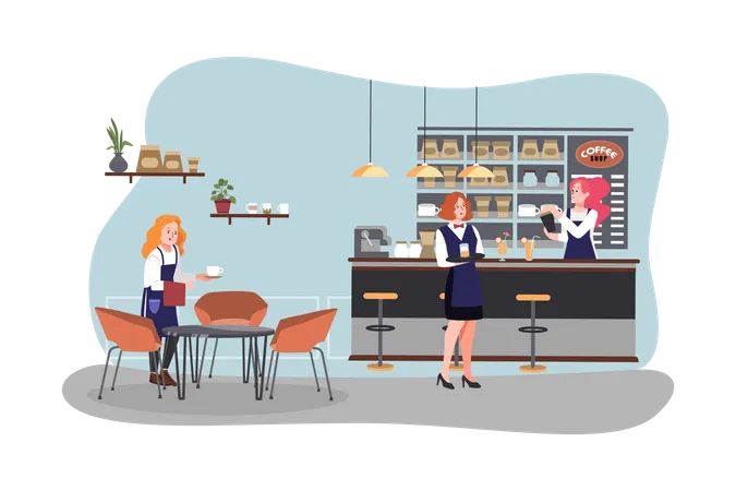 Female workers working in cafe  Illustration