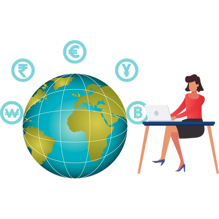 Female working on global currency on laptop  Illustration