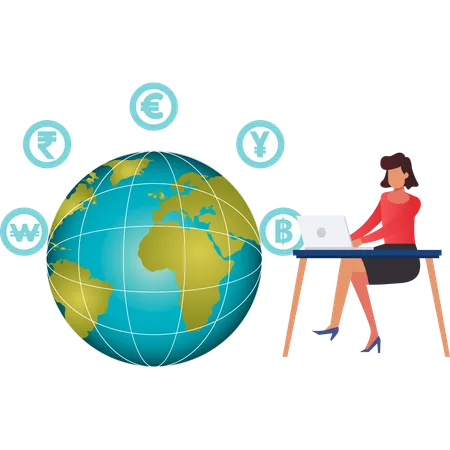 Female working on global currency on laptop  Illustration
