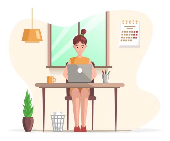 Female working on laptop on table  Illustration