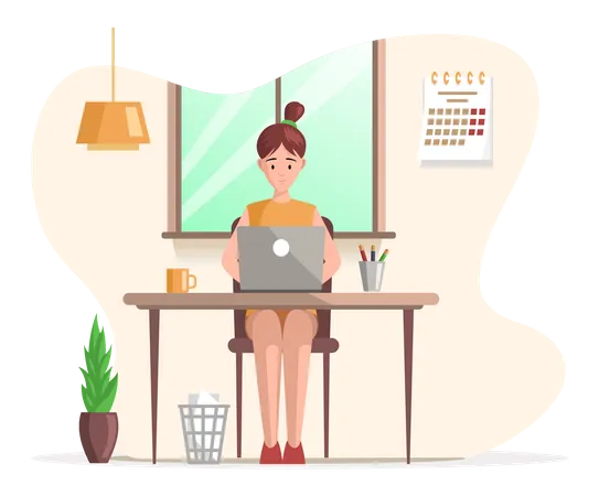 Female working on laptop on table  Illustration