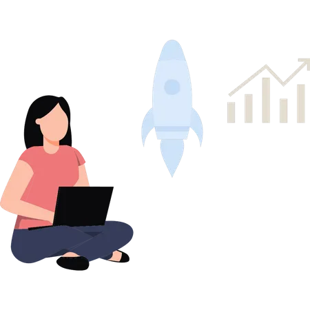The Girl Is Working On The Startup Rocket Graph Illustration