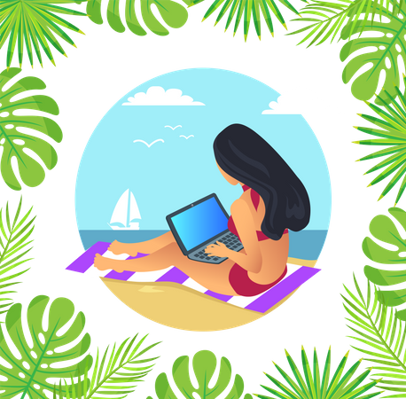 Female Working with Laptop on Mat at Beach  Illustration
