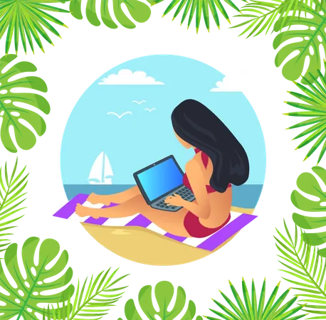 Back View Of Woman With Long Dark Hair Freelancer Sitting On Mat Ship On Sea Round Boarder With Fern Leaves Female Working With Laptop Vector Illustration