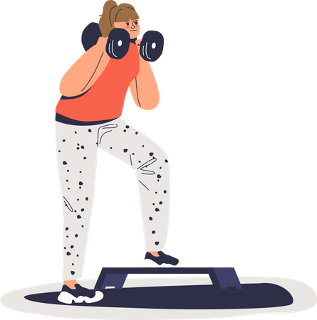 Female workout with dumbbell doing cardio step exercises  Illustration