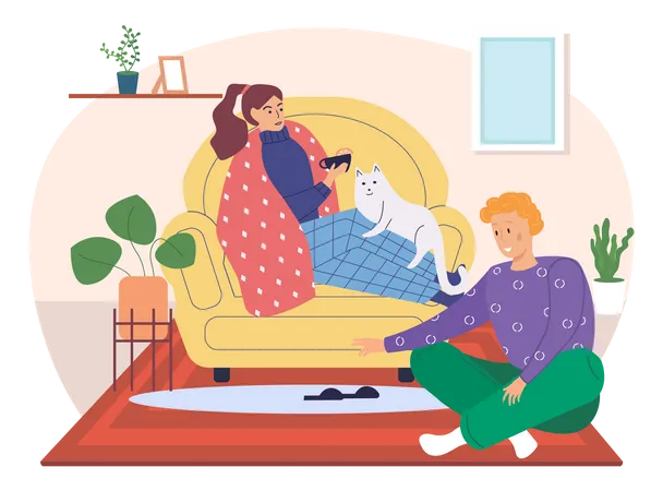 Female Character Wrapped In Blanket Drinks Tea Self Medicating Couple Spending Time At Home Woman Takes Antiviral And Strokes Cat Sick Girl Is Undergoing Treatment In Apartment Vector Illustration Illustration